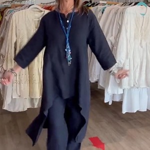 Summer New Solid Color Casual Long Sleeve Cotton <b>Linen</b> Long Tops Long Pants Women's 2 Piece <b>Set</b> Fashion - Product Image 4