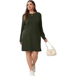Vestido Casual de Manga Larga para Mujer, Color Verde Oliva, Cuello Redondo, Abertura Lateral, Largo hasta la Rodilla, Corte Holgado, Transpirable, Tejido, para Viaje, 2024, Talla L - Product Image 4