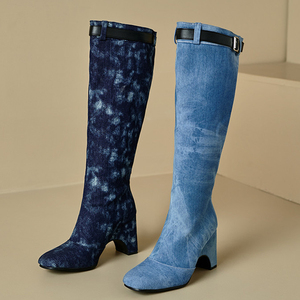 Botas Altas de Mezclilla Anchas para Mujer, Talla Grande 48, con Tacón de Cuña Grueso, Estilo Vaquero, Holgadas, con Hebilla de Cinturón, Botines Largos - Product Image 6