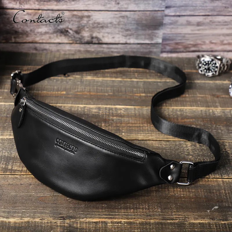 contact's custom leather waterproof men's chest fanny pack crossbody belt bag waist bags leather black belt waist bag for men