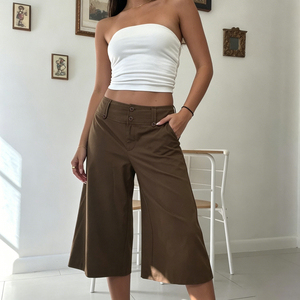 <b>Summer</b> Fashion Basic Solid Color Home Lazy Double Button Straight Medium <b>Pants</b> Loose Pocket Casual Cropped <b>Pants</b> - Product Image 3