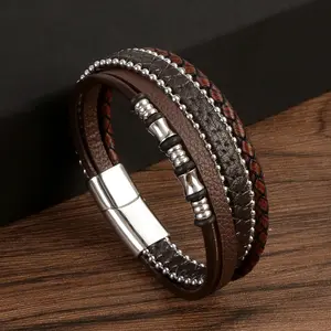 New Arrival Gothic Punk Wide Black Brown Leather Bracelets Stainless Steel Leather Bracelets For Men