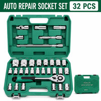 Set Soket Perbaikan Mobil 1/2 inci 32 Pcs, Kunci Ratchet 24 Gigi, Soket Metrik, Batang Ekstensi, Kotak Penyimpanan