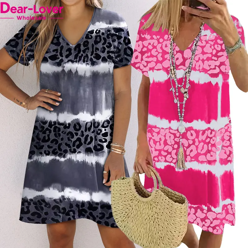 Dear-Lover 2023 New Arrivals Wholesale Dresses Women Casual Summer Tie Dye Leopard Color Block V Neck T Shirt Dress For Women