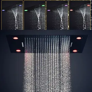 Bathroom Ceiling Black Shower Set 600*800mm Large Multi Function Shower Head System Thermostatic Mixer Waterfall Jets Led Light