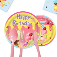 Nouveau ensemble de vaisselle de fête transfrontalière thème de Dessert de crème glacée pour anniversaire saint valentin pâques comprend une assiette en papier tasse de tissu