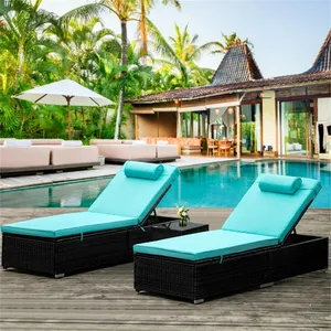 custom adjustable PE rattan solid steel frame outdoor patio furniture set double chaise lounge for pool side