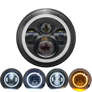 Lampu Depan LED Sepeda Motor Bulat 7 Inci, Lampu Depan LED untuk DRL dengan Halo Putih Angel Eyes H4