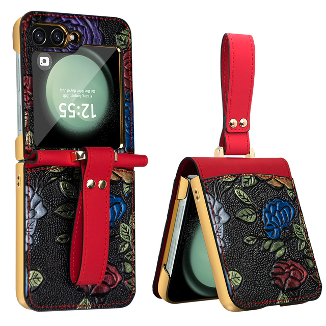 VIETAO Luxury Flower Printed PU Leather for Samsung for Galaxy Z Flip 6 Phone Cases Screen Protector Electroplate Special Stock