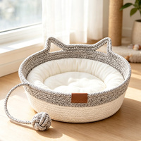 Panier-lit multifonctionnel pour chat en corde de coton tressée à la main avec balles jouets et poignées en forme d'oreilles de chat pour chats d'intérieur