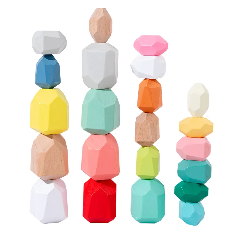 Wholesale Children's Wooden Colored Stone Educational Toy Creative Nordic Style Stacking Game Rainbow Wooden Building Block