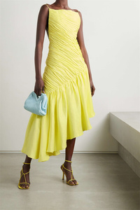 Abito lungo da donna elegante estivo con spacco aperto sul retro regolabile Slim giallo increspato asimmetrico da donna in <span class=keywords><strong>misto</strong></span> <span class=keywords><strong>lino</strong></span> - Product Image 5