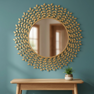 Round Metal Wall <b>Mirror</b> With Gold Leaf Design Bohemian Decorative <b>Frame</b> For Living Room Bedroom - Product Image 3