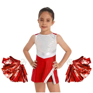 Kids Girls Sleeveless Shiny Sequins Adorned Dress Dance Outfit Set with Shorts and Flower Balls for Cheerleading Performance