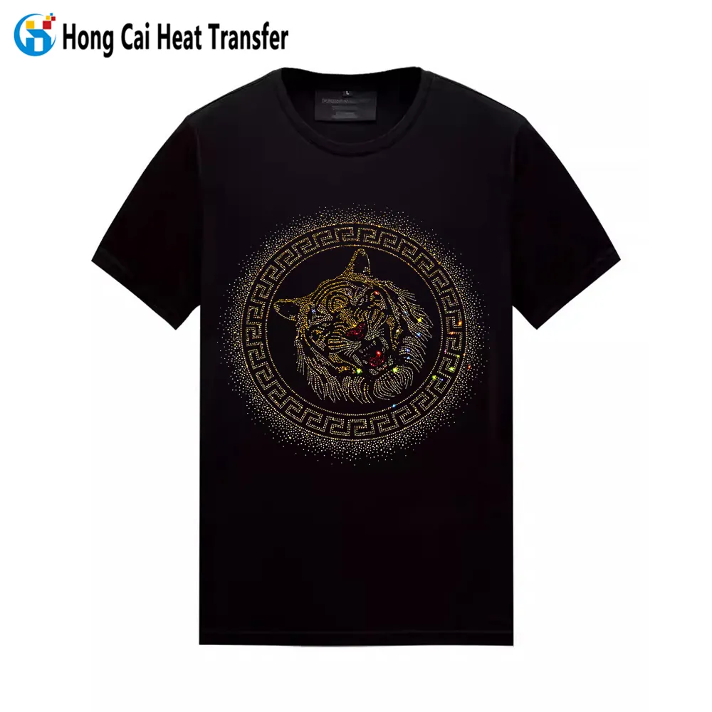 Hongcaiラインストーン熱転写メーカー中国ヒップホップコーマ綿ラインストーン特大メンズTシャツ