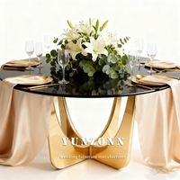 Table de salle à manger ronde de luxe en acier inoxydable avec plateau en verre doré pour événements et mariages