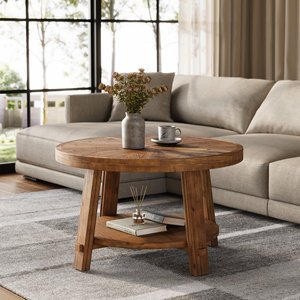 <span class=keywords><strong>Table</strong></span> <span class=keywords><strong>basse</strong></span> ronde en bois massif de 39,4 pouces avec rangement, <span class=keywords><strong>table</strong></span> centrale de style farmhouse à 2 niveaux pour salon, meuble facile à assembler - Product Image 2