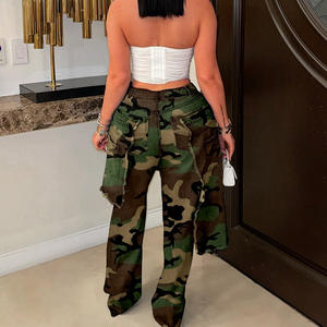 Peeqi LD25251秋冬女式牛仔裤时尚迷彩印花拼布直牛仔裤不对称牛仔裤女 - Product Image 2