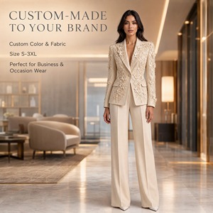 Ensemble tailleur pantalon crème brodé d'appliques florales 3D pour femme, pantalon large taille haute, col en V profond, tenue de bureau formelle, personnalisable OEM/ODM - Product Image 2