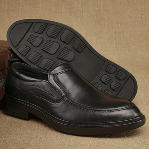 Chaussures habillées pour hommes en cuir véritable, à enfiler, bout rond, pour le bureau et la carrière, toutes saisons, respirantes, mocassins, motif uni, semelle extérieure en caoutchouc - Product Image 1