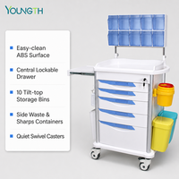 Chariot médical d'urgence YOUNGTH, chariot d'hôpital à 5 tiroirs en ABS avec tiroir verrouillable et 10 bacs inclinables