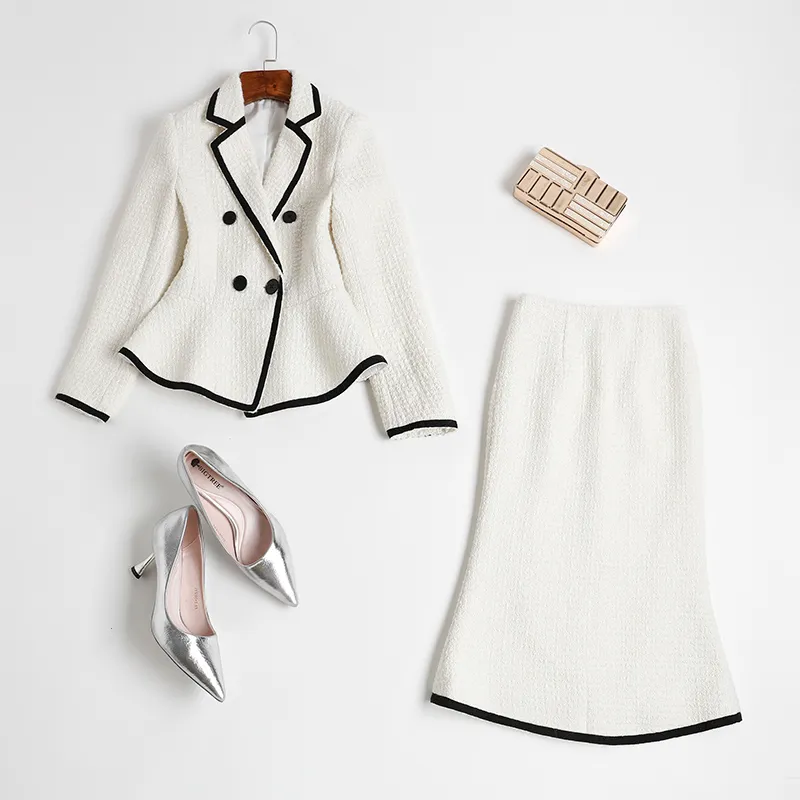 Factory Custom Wholesale White Woollen Women Elegant Ladies Office Suits With Skirts Tweed Blazer Set