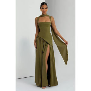 فستان شيفون لوصيفة العروس مع وشاح بفتحة رقبة مربعة وفتحة جانبية بطيات فستان رسمي طويل NT01 - Product Image 3