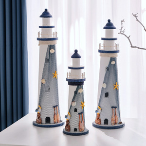 Mediterranean Style Wood Lighthouse Craft Decor <b>Round</b> Handmade Pine <b>Table</b> Decoration - Product Image 3