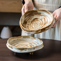 Assiette vintage artisanale en céramique givrée à trois pieds, émaillée au four, irrégulière, pour salade et dessert, idéale pour les fêtes, compatible micro-ondes, vaisselle unique
