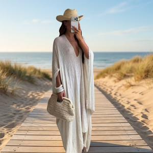 Amorzinho <b>White</b> Knitted Cotton <b>Maxi</b> Dress Deep V Neck 3/4 Sleeve Boho Regular Fit Spring Autumn Winter Casual Breathable Tie-Dye - Product Image 3