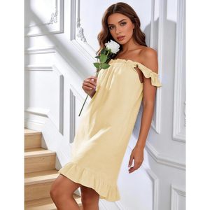 FOXA Robe de nuit sans manches en coton rayé pour femme avec poches, robe de nuit décontractée, robe de maison à volants - Product Image 4