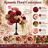 Centre de table floral artificiel fait main, arrangement de roses, dahlias, anthuriums et hortensias, grand chandelier noir, décoration de table de mariage