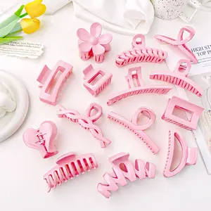 Qianjin OEM Hot Selling Glossy Pink Plastic Hair Claw Clip Solid Color Plastic Large Flower Wave Hair Claw Clip For Women