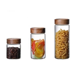 New selling transparent borosilicate clear glass spice storage jars with airtight Acacia wooden lid