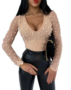 जाल मोती महिलाओं सेक्सी स्लिम संगठन चिथड़े वसंत गर्मियों आकस्मिक लंबी बांह की कमीज में सबसे ऊपर काले वि गर्दन महिला शर्ट वसंत