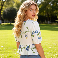 Nouvelle Blouse Femme Printemps 2026 Style Bohème Européen et Américain à Col V, Volants, Manches Courtes et Cordon de Serrage, Lavable, en Polyester