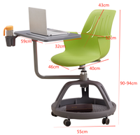 Chaise de formation mobile intégrée moderne avec tablette d'écriture, pour usage scolaire, entièrement en plastique moulé par injection, hauteur réglable, ergonomique