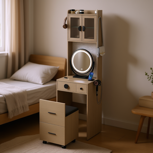 Compact Mini <b>Corner</b> Makeup Vanity Set With <b>Led</b> <b>Lights</b> Storage Drawers And Stool For Small Spaces Modern Design - Product Image 2