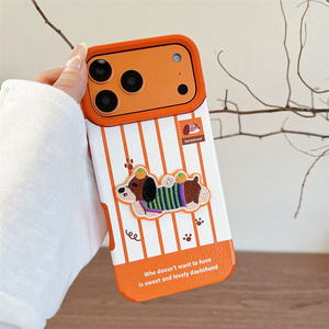 Coque de téléphone portable en cuir et peluche avec broderie mignonne de chiot, nœud et motif de dessin animé DIY porte-bonheur pour iPhone 17 Air 16 15 14 Pro Max - Product Image 4