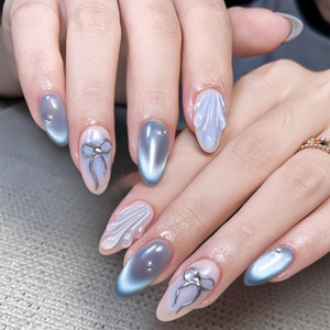 24 <span class=keywords><strong>Uñas</strong></span> Acrílicas <span class=keywords><strong>en</strong></span> Forma de Almendra con Acabado Ojo de Gato <span class=keywords><strong>Azul</strong></span> Hielo, Diseño de Molino de Viento Inspirado <span class=keywords><strong>en</strong></span> el Océano, <span class=keywords><strong>Uñas</strong></span> Postizas - Product Image 1