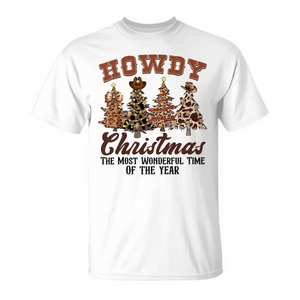 T-shirt unisexe pour adulte à manches courtes et col rond avec impression numérique Howdy Christmas Tree Leopard Western - Product Image 3