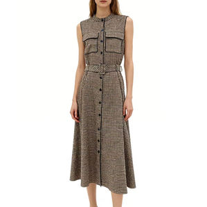 Robe midi rétro à carreaux pour femmes, sans manches, boutonnée, ceinturée, coupe évasée, avec poches, tenue décontractée pour tous les jours - Product Image 1