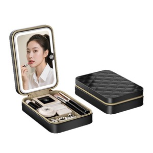 Bolsa de cosméticos Qihui con espejo, estuche de maquillaje de PU de gran capacidad para mujer, forma de cubo para almacenamiento de viaje, color negro - Product Image 1