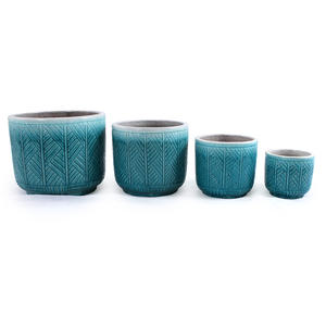 Grand ensemble de pots de fleurs en céramique émaillée vert sarcelle de style américain avec texture tressée pour décoration intérieure et extérieure, jardin et patio - Product Image 4