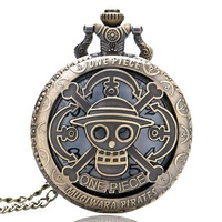 Collar con Colgante Metálico Vintage de One Piece, Reloj de Bolsillo con Diseño de Calavera Pirata de Luffy, con Cadena, Regalo de Anime