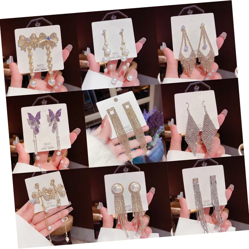 Korean 925 silver needle diamond zircon butterfly drop earrings exaggerated long tassel pearl party earrings wholesale