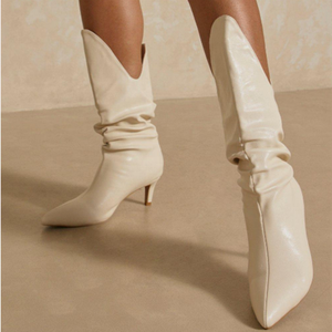 Western Style <b>Slip</b>-<b>on</b> Half Knee High Women <b>Boots</b> Stiletto Heels Slang Cut Sexy Casual Winter Shoes Midi Calf Size 43 - Product Image 4