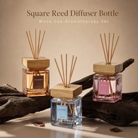 Diffuseur à bâtonnets en verre carré avec couvercle en bois, base épaisse, liquide ambré, bleu, rose, parfum gardénia, 200ml, 500ml, grand format pour la maison