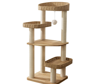 Luxe eco-vriendelijke moderne kattenboomtoren van rotan, gevlochten hout en sisal, klimpaal, krabpaal, <span class=keywords><strong>condo</strong></span> en krabplank voor katten binnen. - Product Image 1