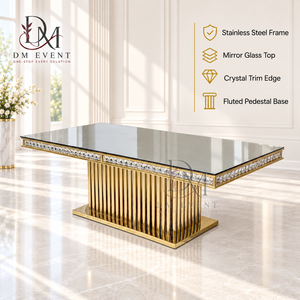 Mesa de Comedor de Acero Inoxidable con Cubierta de Vidrio Espejo Premium, Borde con Cristales y Base Acanalada para Eventos y Banquetes - Product Image 1